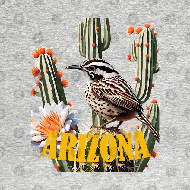 Arizona Cactus Wren Surrounded By Cactus Blossom by taiche